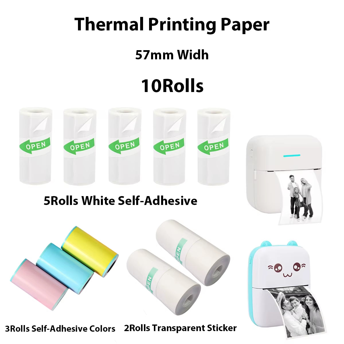 10Pcs Mini Printer Paper, 57 X 25 Mm Self Adhesive Thermal Paper Printable Sticker Paper for Pocket Thermal Printer